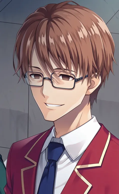 1male, solo, Sōsuke Aizen, brown hair, short hair, brown eyes, empty eyes, square glasses, black glasses,smile, red blazer, blue necktie,white shirt, green pants, school, rooftop, Classroom of the Elite