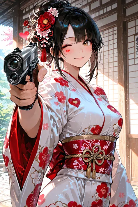 masterpiece、highest resolution、Handgun in the right hand、Make a heart mark with your left hand with your finger、Close One Eye and Wink、Smiling Kimono Killer、details、Highest Quality