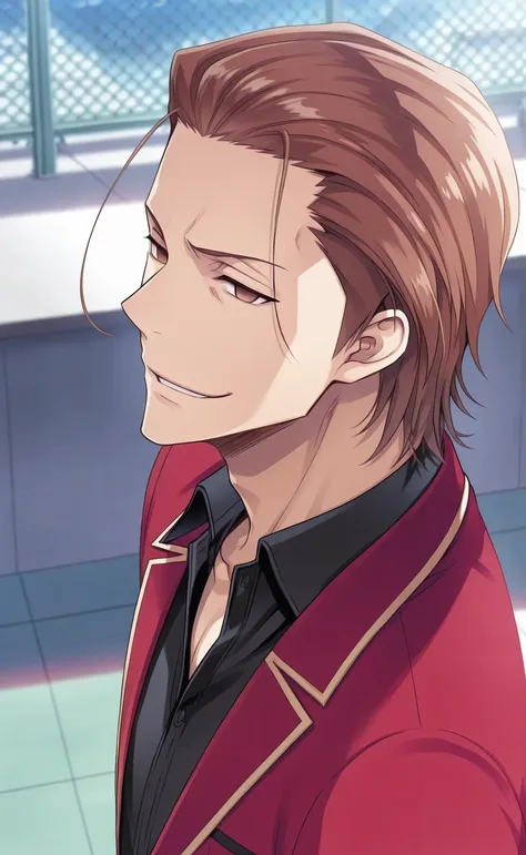 1male, solo, Aizen Sōsuke, brown hair, short hair, slicked back hair, brown eyes, empty eyes, smirk, red blazer, black shirt, male focus, school, rooftop, Classroom of the Elite