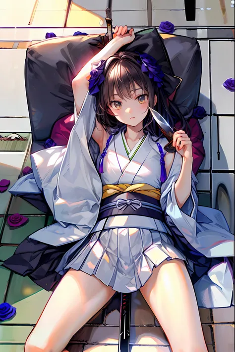 Highest Quality, face focus, soft lights, ultra high res, (photorealistic:1.4), Original Artwork,(((((Japanese sword 1.2))))),Rose Assassin,(((((Black roses all over the floor:1.4))))), seen from above, solo, cute, (pupil, individual eye light), Motorcycle...