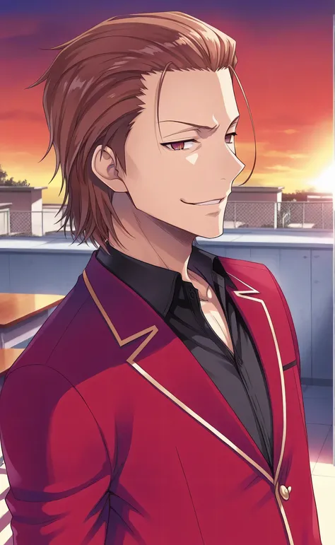 1male, solo, Aizen Sōsuke, brown hair, short hair, slicked back hair, brown eyes, empty eyes, smirk, red blazer, black shirt, male focus, school, rooftop, sunset,Classroom of the Elite