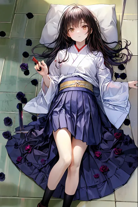 Highest Quality, face focus, soft lights, ultra high res, (photorealistic:1.4), Original Artwork,(((((Japanese sword 1.2))))),Rose Assassin,(((((Black roses all over the floor:1.4))))), seen from above, solo, cute, (pupil, individual eye light), Motorcycle...