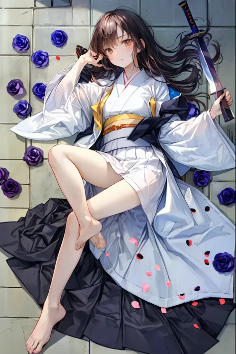 Highest Quality, face focus, soft lights, ultra high res, (photorealistic:1.4), Original Artwork,(((((Japanese sword 1.2))))),Rose Assassin,(((((Black roses all over the floor:1.4))))), seen from above, solo, cute, (pupil, individual eye light), Motorcycle...