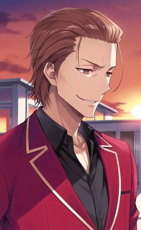 1male, solo, Aizen Sōsuke, brown hair, short hair, slicked back hair, brown eyes, empty eyes, smirk, red blazer, black shirt, male focus, school, rooftop, sunset,Classroom of the Elite