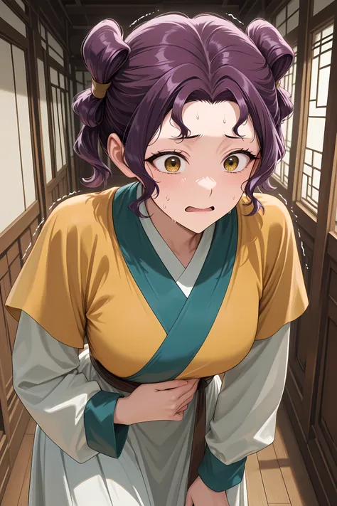 Kusuriya_Shisui, yellow eyes, short hair, purple hair, double bun, twintails, wavy hair, breasts,chinese clothes, hanfu, short over long sleeves, layered sleeves, sash, yellow shirt, white skirt, ,Solo,  general, masterpiece, highres, ultra-detailed, hyper...