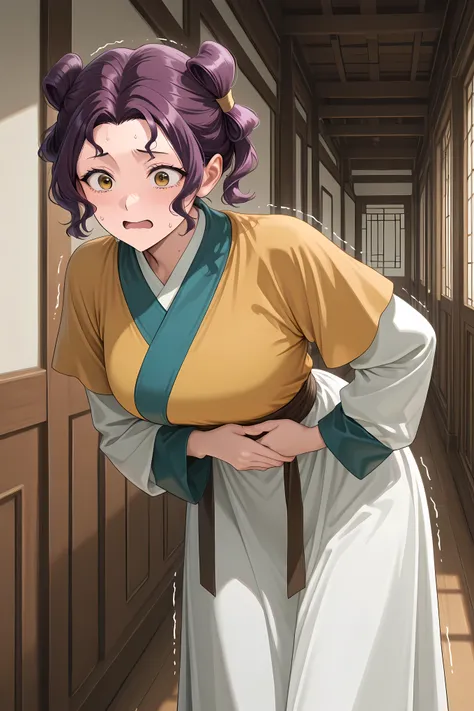 Kusuriya_Shisui, yellow eyes, short hair, purple hair, double bun, twintails, wavy hair, breasts,chinese clothes, hanfu, short over long sleeves, layered sleeves, sash, yellow shirt, white skirt, ,Solo,  general, masterpiece, highres, ultra-detailed, hyper...