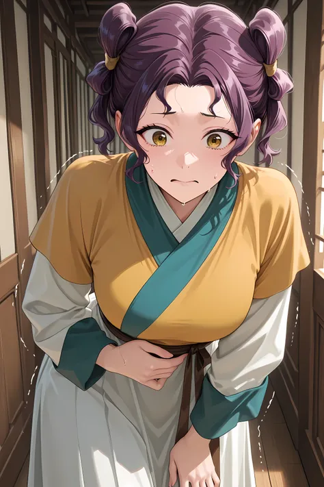 Kusuriya_Shisui, yellow eyes, short hair, purple hair, double bun, twintails, wavy hair, breasts,chinese clothes, hanfu, short over long sleeves, layered sleeves, sash, yellow shirt, white skirt, upper body close up,

,Solo,  general, masterpiece, highres,...