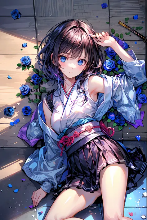Highest Quality, face focus, soft lights, ultra high res, (photorealistic:1.4), A Japanese sword,(((((Japanese sword 1.2))))),Rose Assassin,(((((Blue roses are spread all over the floor:1.4))))), meteor、空から降り注ぐmeteor、無数のmeteor群、brown hair,shortcut to lay p...