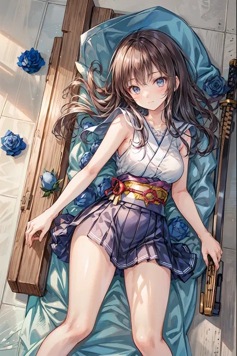 Highest Quality, face focus, soft lights, ultra high res, (photorealistic:1.4), A Japanese sword,(((((Japanese sword 1.2))))),Rose Assassin,(((((Blue roses are spread all over the floor:1.4))))), meteor、空から降り注ぐmeteor、無数のmeteor群、brown hair,shortcut to lay p...