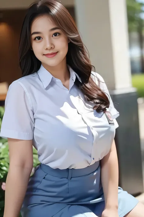 1girl, solo, 19 years old, (uniform), detailed Metropolitan city at the background, portrait, semi-thick breasts, semi-curvy body, smooth realistic skin, cute smile, white shirt, grey blue short skirt, looking at the audience, high angle shot,(8k, RAW phot...