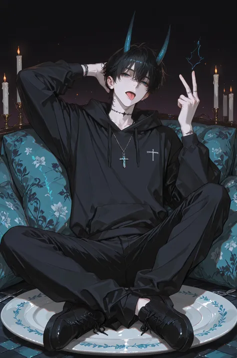 (masterpiece, best quality, detailed eyes, 8k),(anime style, detailed illustration, clear lines, soft shadows, dark fantasy, male focus, full body, horns, tattoo, pendant, provocative gesture, flirtatious expression, dark color palette, vibrant accents, ci...