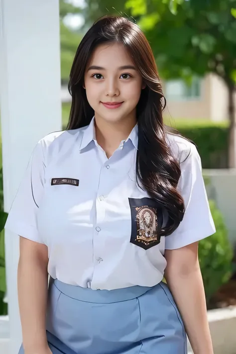 1girl, solo, 19 years old, (uniform), detailed Metropolitan city at the background, portrait, semi-thick breasts, semi-curvy body, smooth realistic skin, cute smile, white shirt, grey blue short skirt, looking at the audience, high angle shot,(8k, RAW phot...