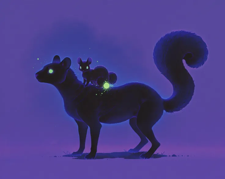 A BLACK SQUIRREL, black-blue black glowing-green glowing-purple color palette, nude. transparent background