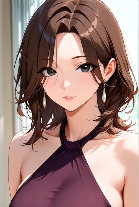 score_9, score_8_haut, score_7_haut.
haut du corps.
Vêtements à licou tendus, vêtements sans manches.
C'est une femme belle et mûre, regardant le spectateur.
yeux noirs, hautturned long eyeliner, Faux cils longs, cheveux mi-longs bruns, franges séparées, y...