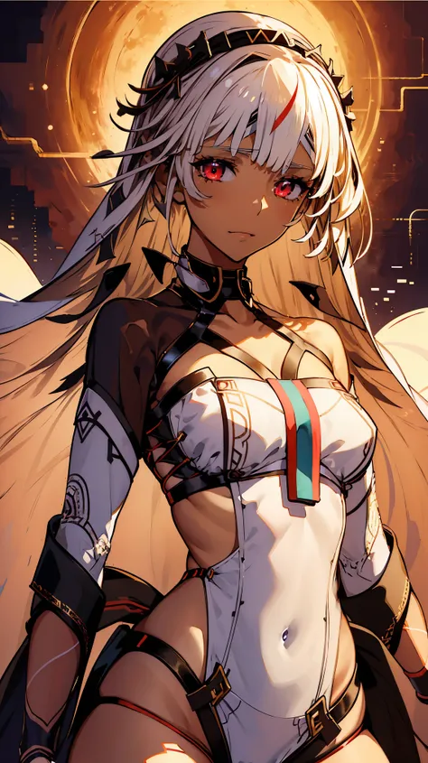 (intenseglare),(Fate Grand Order), braune Haut, glowing_Augen,Meisterwerk, best quality, Offizielle Kunst, 8k Tapete, hochdetailliert, Illustration, beautiful Augen, soft smile , Tuschmalerei,small breasts, 1 girl,(upper body), realistisch,red Augen,