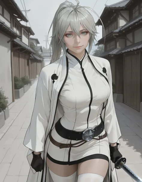 pseudo-realistic, semi-realism, realism, realistic, masterpiece, best quality, amazing quality, absurdres, newest, 1girl, solo, mm, mature female, long hair, ponytail, ahoge, grey hair, grey eyes, breasts, japanese clothes, gloves, white thighhighs, belt, ...