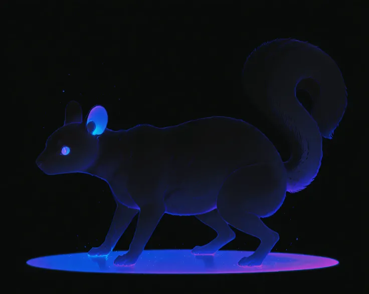 A BLACK SQUIRREL, black-blue black glowing-green glowing-purple color palette, nude. transparent background