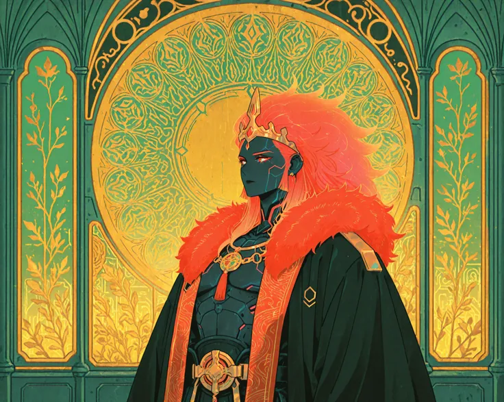 Strong , King, Warrior furs in wardrobe. art deco style an cyberpunk style. elegant geocentric patterns in back ground  