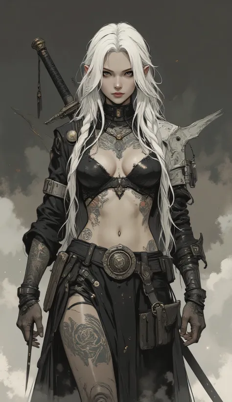 
 score_9, score_8_up, score_7_up, score_6_up,
fusion of watercolors and oil paintings, mix of monochrome and color, black ink, A highly detailed artwork in the fantasy genre Luis Royo style using digital painting techniques. It features a full-body view o...