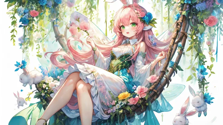 (Highest Quality, Super Detailed:1.5), 8k,(one girl), (Bunny Eared Elf Girl:1.5),Platinum Blonde Hair, very long hair, round eyes,(bunny ears grow:1.5), ( beautiful green eyes :1.5), Full Body, arms behind back, small breasts,(Beautiful Vines and Flowers々p...