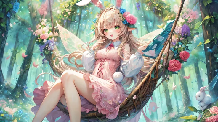 (Highest Quality, Super Detailed:1.5), 8k,(one girl), (Bunny Eared Elf Girl:1.5),Platinum Blonde Hair, very long hair, round eyes,(bunny ears grow:1.5), ( beautiful green eyes :1.5), Full Body, arms behind back, small breasts,(Beautiful Vines and Flowers々p...