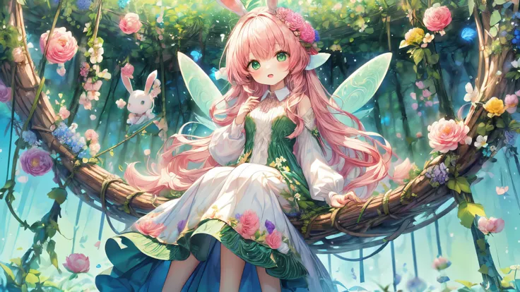 (Highest Quality, Super Detailed:1.5), 8k,(one girl), (Bunny Eared Elf Girl:1.5),Platinum Blonde Hair, very long hair, round eyes,(bunny ears grow:1.5), ( beautiful green eyes :1.5), Full Body, arms behind back, small breasts,(Beautiful Vines and Flowers々p...