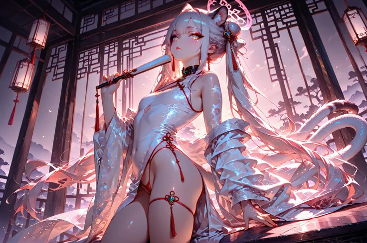 HDR,Dynamic lighting,masterpiece, best quality,detailed, high resolution, 8k, highly detailed, ultra detailed, beautiful lighting,best quality,  collar, jewels, makeup, long hair, chinese dress, dragon tatto in thighs, holding a fan in left hand, Tiger gir...