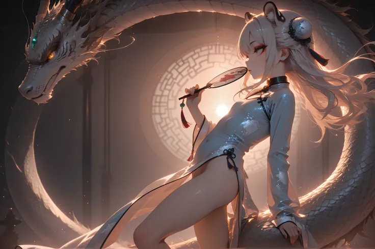 HDR,Dynamic lighting,masterpiece, best quality,detailed, high resolution, 8k, highly detailed, ultra detailed, beautiful lighting,best quality,  collar, jewels, makeup, long hair,chinese dress, dragon tatto in thighs, holding a fan in left hand, Tiger girl...