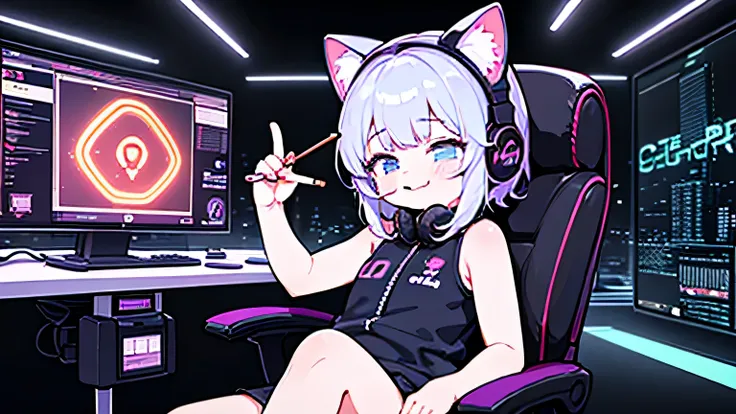 Hacker Loli 
With an innocent smile, she dismantles even the strongest cyber defenses, Hacker girl, petite, cute, sleeveless, shorts, headphones with cat ears, holding a Pocky stick, squinting, reclining in a gaming chair, touching a holographic panel. Cyb...
