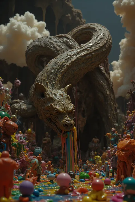 An ultra-realistic, photo-realistic, and cinematic fantastical scene unfolds in a surreal landscape filled with vibrant colors and whimsical details. An enormous snake-like creature with a menacingly open mouth towers overhead, its body weaving through flu...