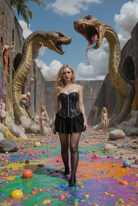 An ultra-realistic and cinematic fantastical scene The ground is a vivid, swirling river of rainbow hues, resembling a psychedelic liquid or glittering foam. It looks like burnt plastic mixed with melted crayons.
The walls are adorned with countless color...