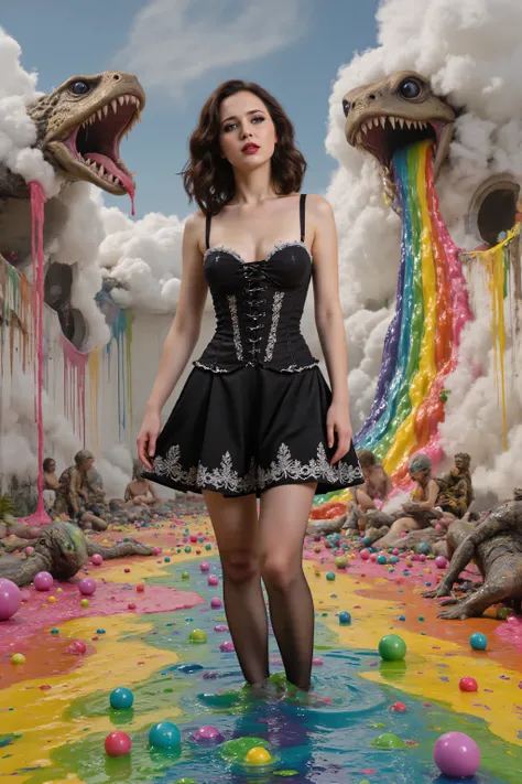An ultra-realistic, photo-realistic, and cinematic fantastical scene The ground is a vivid, swirling river of rainbow hues, resembling a psychedelic liquid or glittering foam. It looks like burnt plastic mixed with melted crayons.
The walls are adorned wi...