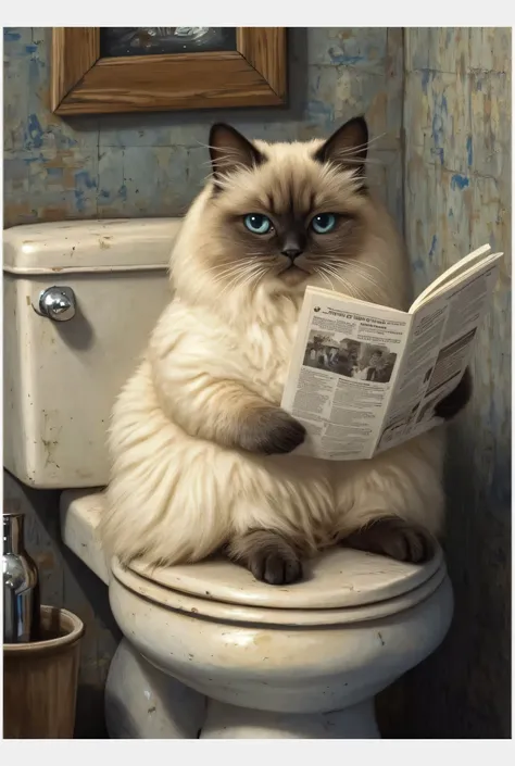ふわふわの猫, シャム猫に似ている, トイレの便座に堂々と座っている, ユーモアと洗練さが融合した印象を与えている. 大きすぎる眼鏡をかけて, 猫が新聞をじっと見つめている, 集中力と知性を兼ね備えた雰囲気を醸し出している. 毛は柔らかいクリーム色で、耳の部分は対照的な暗い色調をしている, 足, と顔, 猫種特有の特徴を強調している. シーンはアースカラーの壁とヴィンテージな美学を備えた素朴なバスルームに設定されており, 壁には額入りの絵が飾られ、猫の横には金属製のトイレットペーパーホルダーがある. 照明が...