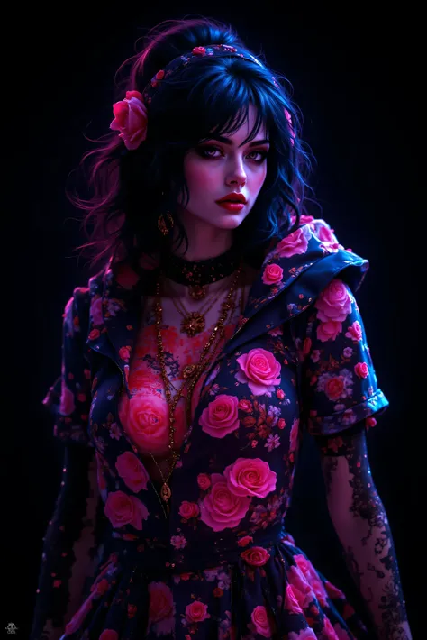 Ultra-realistic, photo-realistic, ultra-detailed, physically-based rendering, professional movie quality images, cinematic photography, cinematic portrait, portrait photography, iconic character, icon style, intricate details, dramatic colors, bright neon ...