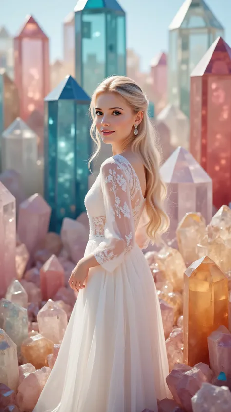 Ultra realistic, photorealistic, cinematography, ultra detailed, 8K, highres, a gorgeous pale skinned woman wearing a long white dress standing amongst thousands of crystals, enormous 12-20 foot tall dark blue, pink, red, green, clear, and yellow transluce...
