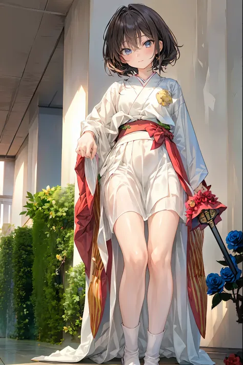 Highest Quality, face focus, soft lights, ultra high res, (Photorealistic:1.4), ((from below:1.2)),A Japanese sword,(((((Japanese sword 1.2))))),Rose Assassin,(((((Blue roses are spread all over the floor:1.4))))), meteor、空から降り注ぐmeteor、無数のmeteor群、brown hai...