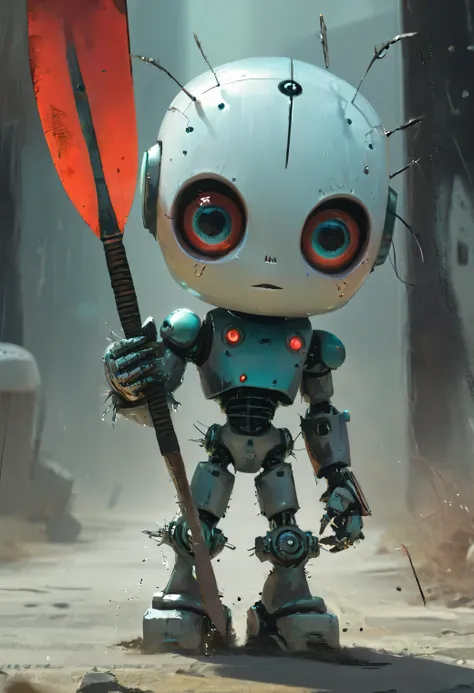 Full -length view. (A small evil robot, porcelain face and head, large turquoise eyes, perfect eyes, with a big machete), the highest quality. A beautiful cinematic impressionist picture, a gloomy dramatic character, in the style of Jeremy Mann and Charles...