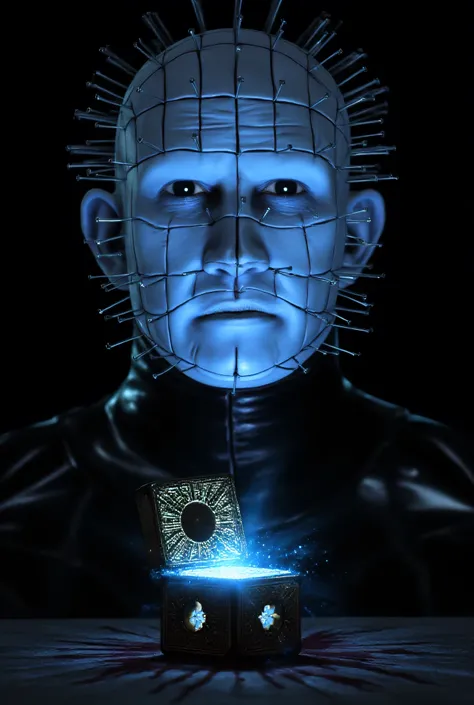 Close-up portrait of Pinhead, leader of the Cenobites, intricate nail grid pattern across his skull, deep black eyes with piercing gaze, bloodless incisions precisely carved into face, pale blue flesh with waxy texture, high collar leather vestments with e...