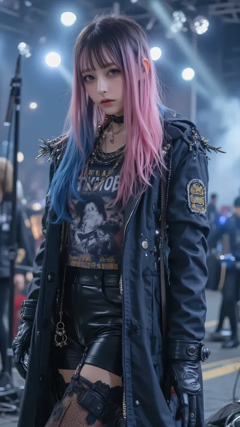 ((masterpiece)), (best quality), (ultra-detailed), (extremely detailed), (perfect anatomy), (photorealistic), ((Japanese)), ((asian woman)), ((Multicolored hair)), ((pink and blue hair)), ((visual kei fashion)), ((dramatic gothic coat)), ((leather pants)),...