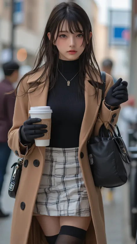 a stunning sexy female with a striking appearance. petite physique,, dynamic pose, soft shading, bright lighting, dutch angle, cinematic position, mixed color hair, high heels, pantyhose, cup, gloves, coat, brown coat, bag, jewelry, black gloves, holding, ...