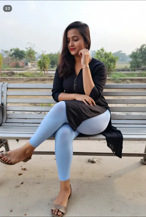 Meenakshi 30 year old hot sexy girl in kurti legging ,lipstick, glow skin, long hair, ,sseated on a metal bench. She has fair skin, Her body type appears to be curvy and well-proportioned. She is seated with one leg crossed over the other, and her arms r...