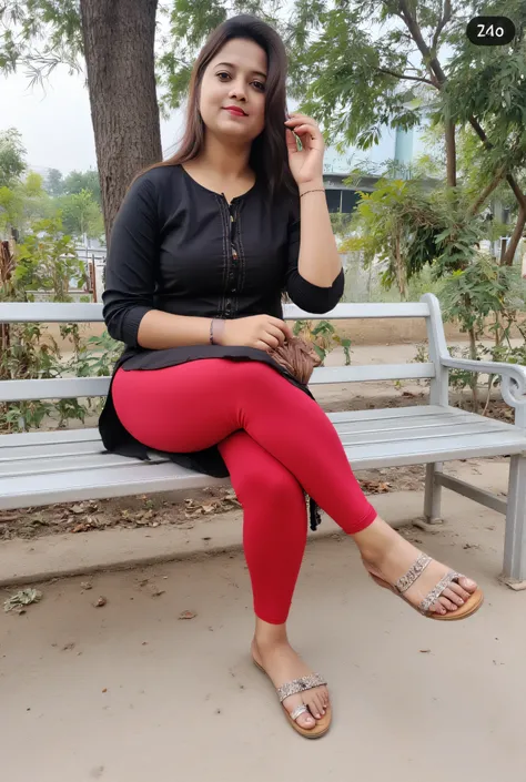 Meenakshi 25 year old hot sexy girl in kurti legging ,lipstick, glow skin, long hair, ,sseated on a metal bench. She has fair skin, Her body type appears to be curvy and well-proportioned. She is seated with one leg crossed over the other, and her arms r...