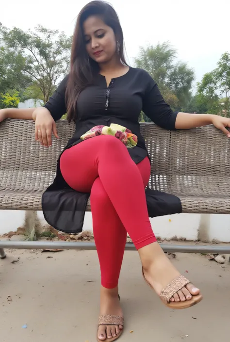 Meenakshi 25 year old hot sexy girl in kurti legging ,lipstick, glow skin, long hair, ,sseated on a metal bench. She has fair skin, Her body type appears to be curvy and well-proportioned. She is seated with one leg crossed over the other, and her arms r...