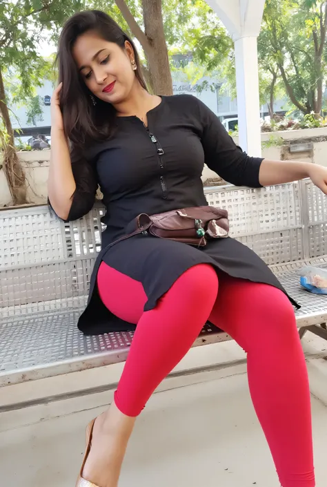 Meenakshi 25 year old hot sexy girl in tight kurti legging ,lipstick, glow skin, long hair, ,sseated on a metal bench. She has fair skin, Her body type appears to be curvy and well-proportioned. She is seated with one leg crossed over the other, and her ...