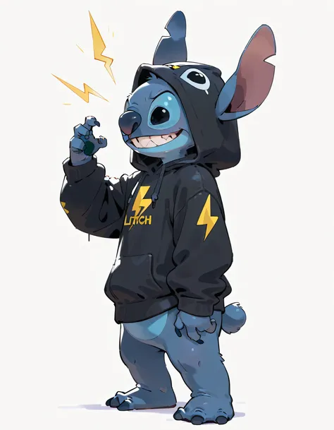 sideview,(chibl,fullbody),Stitch (Disney), 1boy, st1tch, black eyes, furry ,black hoodie,hood up, lightning bolt logo, cool, white background,grin,