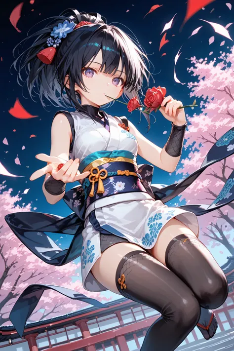 score_9, score_8_superior, score_7_superior, masterpiece, best quality, absurdres, high_fidelity, vibrant, sauce_anime, Adorable, 1girl, short stack, ninja, sleeveless, obi, japanese clothes, black thighhighs, expressionless, Holding a rose in mouth, dynam...
