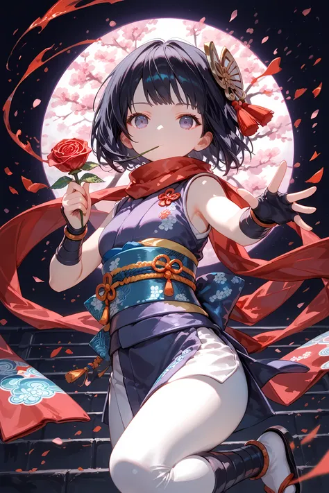 score_9, score_8_superior, score_7_superior, masterpiece, best quality, absurdres, high_fidelity, vibrant, sauce_anime, Adorable, 1girl, short stack, ninja, sleeveless, obi, japanese clothes, expressionless, Holding a rose in mouth, dynamic pose, dynamic a...