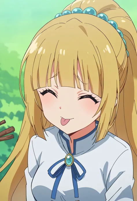 score_9, score_8_up, score_7_up, source_anime,  {{x}}, long hair, Bang, blunt Bang, Blonde, hair ornaments, ponytail, scrancy, blue scrancy, medium breasts, anime screencap,  oh eto  ブレ, oh eto ... ブレ (meme), 自分Headに手を置く, meme, Head, sticks out tongue, clo...