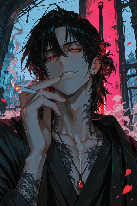 (masterpiece, best quality, detailed eyes, 8k), (anime style, dark fantasy, male focus, the emphasis on the face, detailed illustration, tattoos, intricate details, mysterious atmosphere, smirk, smoke, ethereal, captivating ambiance, soft shadows, dark fa...