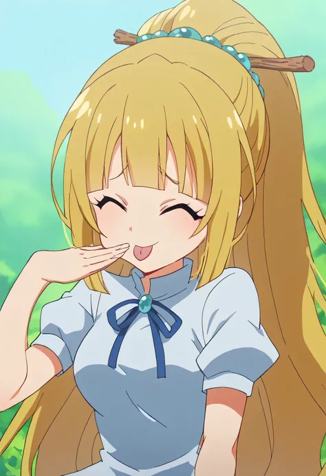 score_9, score_8_up, score_7_up, source_anime,  {{x}}, long hair, Bang, blunt Bang, Blonde, hair ornaments, ponytail, scrancy, blue scrancy, medium breasts, anime screencap,  oh eto  ブレ, oh eto ... ブレ (meme), 自分Headに手を置く, meme, Head, sticks out tongue, clo...